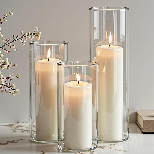 Mavelune 24-Pack White Pillar Candles with Glass Cylinder Vases - 12 Vases + 12 Candles, Elegant Tall Candle Holders for Weddings, Events, and Home Décor Centerpieces