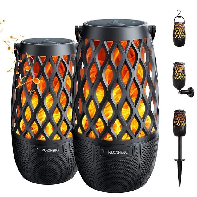 Outdoor Bluetooth Speaker with Light, Realistic Flame Effect, Sync up to 100 Wireless Portable Speaker with Wall Mount/Stake/Hook, Waterproof for Patio/Yard/Party, Christmas Gift & Decor Idea, 2 Pack
