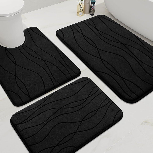 YIHOUSE Memory Foam Bathroom Rug Set, 3 Piece - Ultra Soft, Absorbent, Non-Slip, Machine Washable, Black