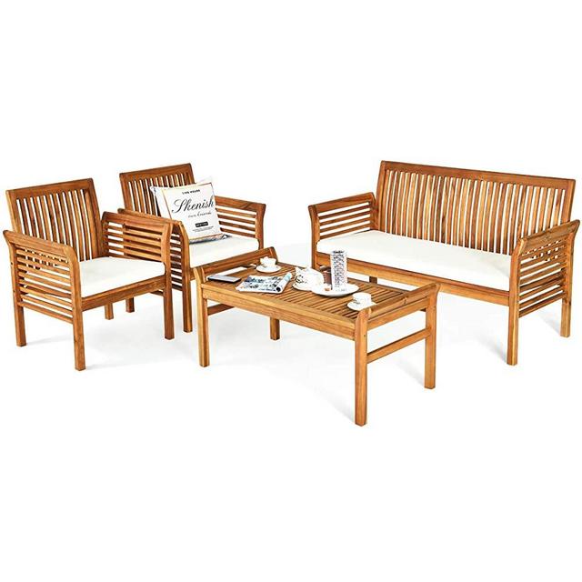 Tangkula 4 Piece Outdoor Acacia Wood Sofa Set w/Water Resistant Cushions, Padded Patio Conversation Table Chair Set w/Coffee Table for Garden, Backyard, Poolside (1)