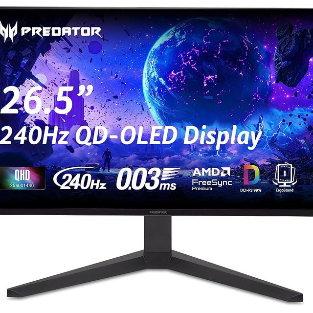 Acer Predator Gaming Monitor | 26.5" WQHD 2560x1440 QD-OLED | AMD FreeSync Premium | 240Hz | 0.03ms | Tilt, Height Adjustment, Pivot & Swivel | DCI-P3 99% | 2 x DP 1.4 & 2 x HDMI 2.1 | X27U W1bmiipprx