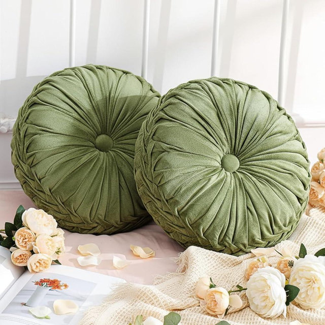 Drydiet 2 Pcs Round Throw Pillows Decorative Velvet Pleated Throw Pillows 15'' Diameter Accent Pumpkin Boho Chair Cushion for Couch Sofa Chair Bed Home Decoration (Olive)