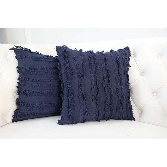 SENC Navy Boho Cotton Linen Throw Pillow Case with Tassels Solid Color Decorative Cushion Cover Pillowcase for Couch Sofa Bed,18X18 Inch (2 Pack)