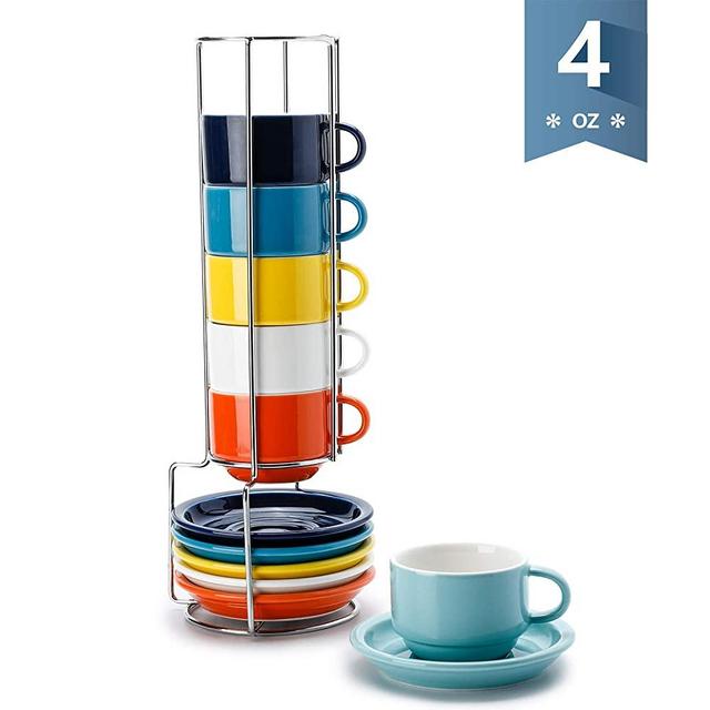Sweese 405.002 Porcelain Stackable Espresso Cups with Saucers and Metal Stand - 4 Ounce for Specialty Coffee Drinks, Single/Double Espresso, Cappuccino, Latte and Tea - Set of 6, Hot Assorted Colors