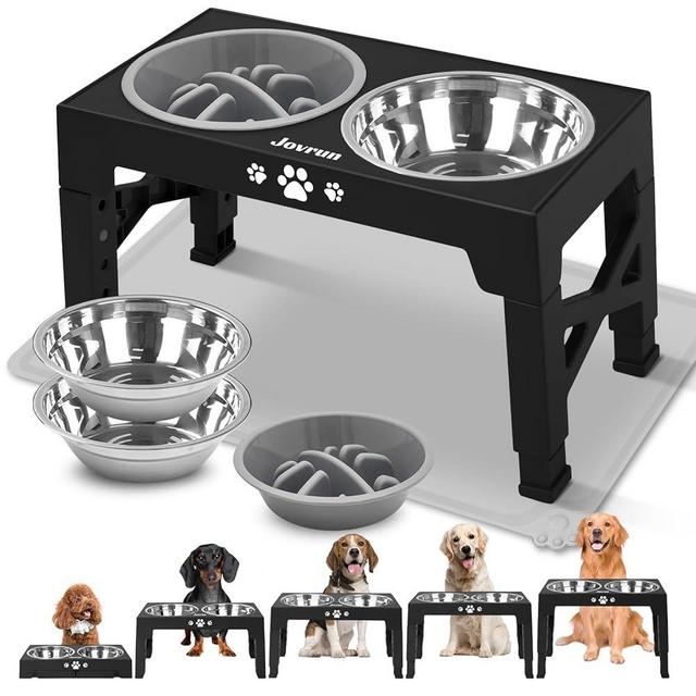 Jovrun Elevated Dog Bowls, Dog Feeder with 2 Stainless Steel Bowls &1 Slow Feeder Dog Bowls, 5 Heights Adjustable Raised Dog Bowls Stand for Medium Large Dogs, Dog Food Bowls with Non-Slip Feet