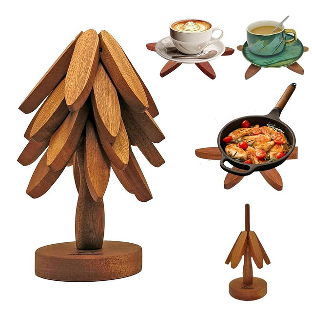 JIADAO Set of 4 Kitchen Decor,Kitchen Set,Hot Dish Trivet,Foldable Wooden Trivets for Hots/Pans/Bowl/Teapot/Hot Holders,Multifunctional Ornaments