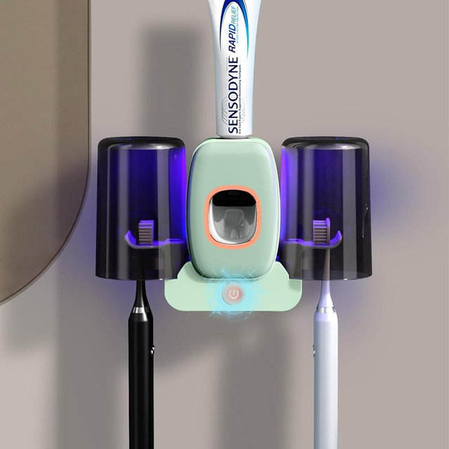 Toothbrush Holders for Bathrooms,Rechargeable Cordless Wall Mounted Tooth Brushing Holder,Electric Toothbrush Holder with 2 Cups,4 Toothbrush Slots,Toothpaste Dispenser (Green)