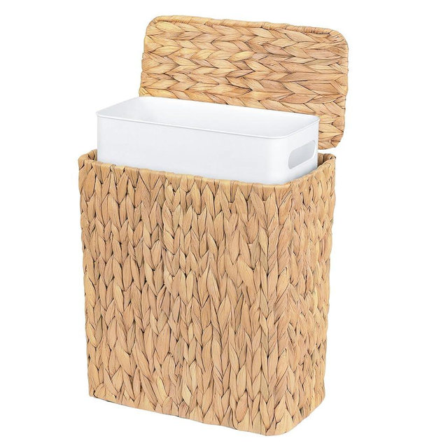 Felthrith Wicker Trash Can,3 Gallon Bathroom Trash Can with Lid,Handwoven Water Hyacinth Rattan Waste Basket with Removable Liner and Built-in Handles for Bedroom,Toilet,Narrow Spaces