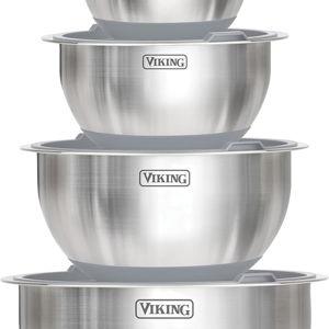 Viking Mixing Bowls Set, 10 Piece Stainless Steel Kitchen Cookware, Non-Slip Silicone Base, Includes Airtight Lids, Dishwasher Safe, Grey