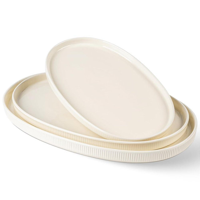 theterra Ceramic Serving Platter, 15.6"/14.4"/12.2" Oval Serving Dishes for Entertaining, Oven Safe, Microwave Safe, Serving Plates Set of 3 for Wedding, Party, Turkey, Beige