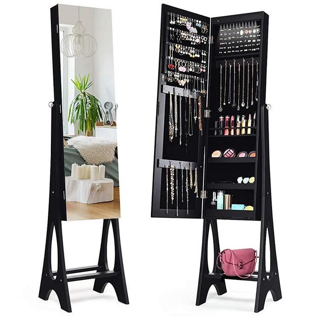 Giantex 12 LED Jewelry Armoire Cabinet with Frameless Full-Length Mirror, Standing Jewelry Cabinet with 16 Lipstick Holders, Large Storage Capacity, 3 Angles Adjustable (Black)