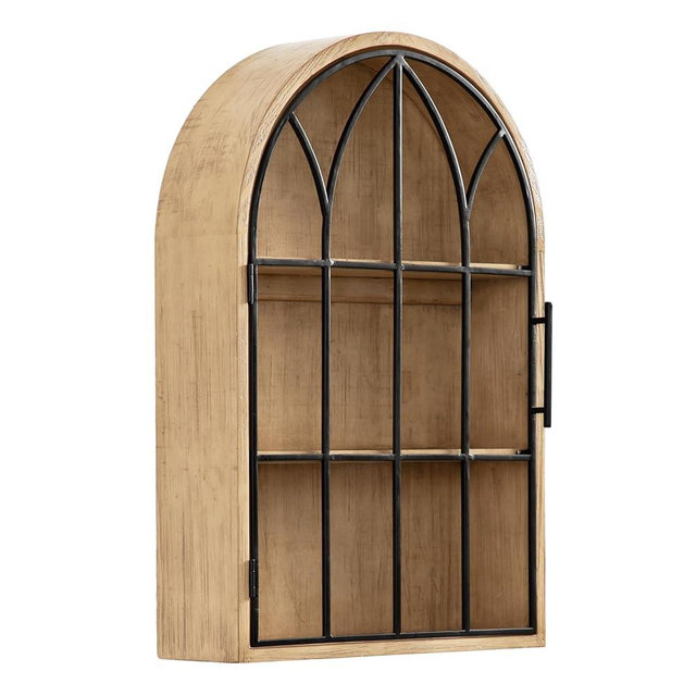 Kate and Laurel Megara Decorative Wooden Hanging Arched Wall Cabinet with Door for Open Storage, 16 x 5 x 24, Natural Wood and Black, Wooden Floating Wall Bathroom Cabinet for Above Toilet Storage