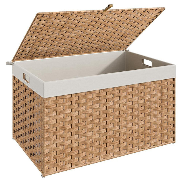 HOOBRO Storage Basket with Lid, 42.3 Gallon (160L) Wicker Basket, Handwoven Blanket Storage Basket with Handles, Metal Frame and Soft Lining, Foldable for Bedroom, Laundry Room, Natural NL216CW01