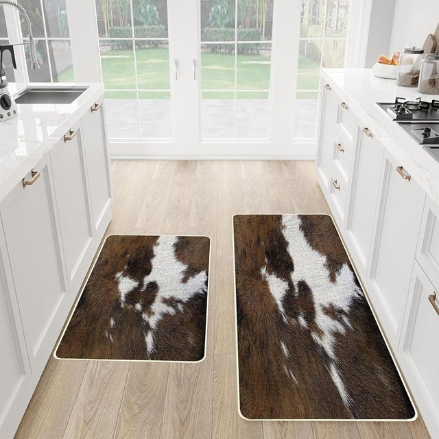 TOMWISH Cowhide Kitchen Rugs Set of 2,Western Cow Kitchen Mats for Floor 2 Piece,Front of Sink Non Skid Farmhouse Christmas Kitchen Rug 17"X47"+17"X27" for Floor Runner Rug Kitchen Accessories