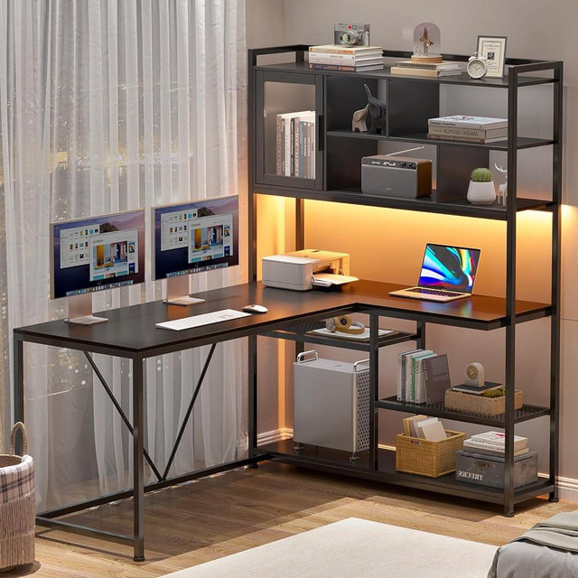 SEDETA L Shape Computer Desk, 58'' Office Desk with LED Light and Bookshelf, L Shaped Corner Desk with Storage Shelves for Home Office, Gaming Desk, L Desk, Black