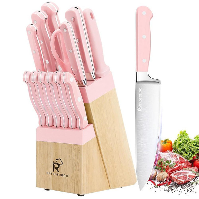 Kitchen Knife Set,14-Piece Triple Riveted Knife Block Set, High Carbon-Stainless Steel Chef Knife set,Razor-Sharp Knife Set with Wood Block,Cutlery Knife Set,Durable & Dishwasher Safe (Pink)
