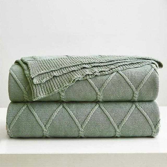 Longhui bedding 100% Cotton Sage Green Cable Knit Throw Blanket with Bonus Laundering Bag – Large 60 x 80 Inch Thick, Extra Cozy, Machine Washable, Home Decor, Green Color
