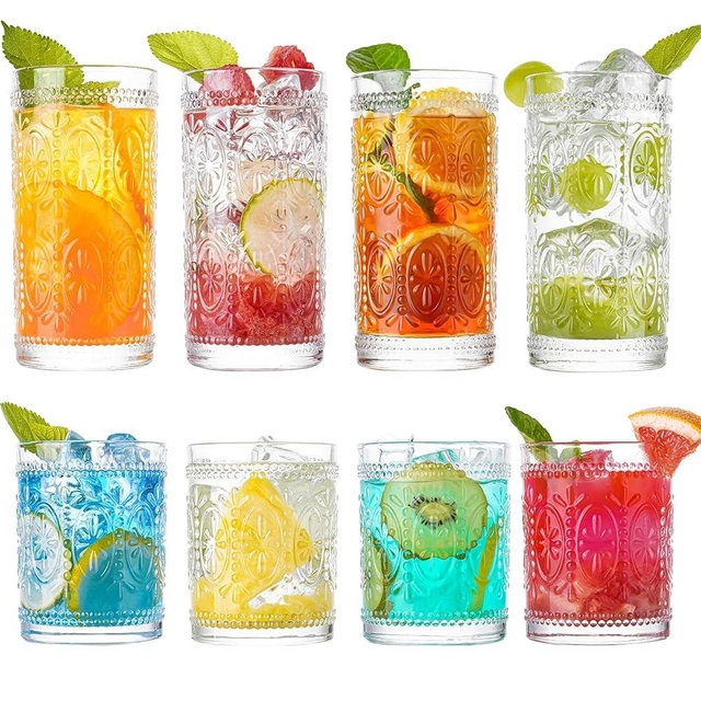 wookgreat Vintage Drinking Glasses, Set of 8 Hand-Made Glass Cups-4 Highball Glasses 15oz & 4 Rocks Glasses 13oz, Mojito Cups, Cocktail Glass, Bar Glassware Set for Cocktail, beer, Whiskey