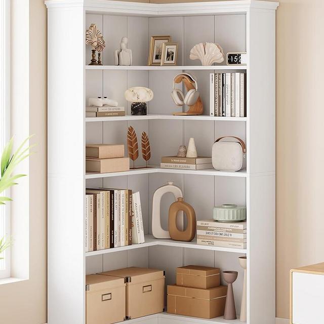 IDEALHOUSE Corner Bookshelf 72.8in Farmhouse Bookcase Large Bookshelves Wood Bookcase Tall 5 Tier Corner Shelf L Shaped Bookshelf Storage Display Rack Living Room Bedroom (White, Full Panel)