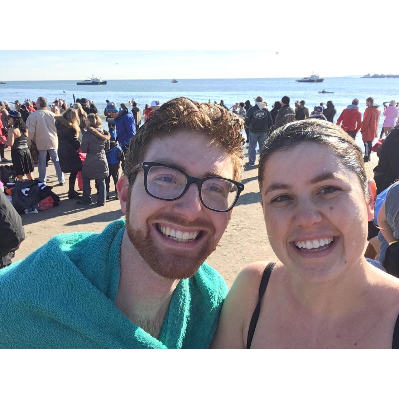 Polar Plunge Coney Island New Years Day 2017. Rachel still doesn't know how Stretch convinced her to do this!