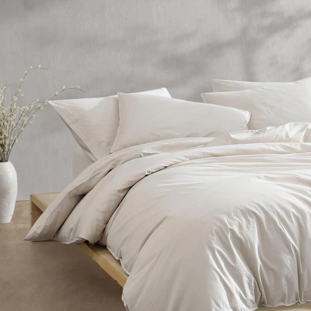 Calvin Klein Washed Percale Cotton Solid Comforter Set - Light Beige, Queen Comforter + 2 Standard Shams