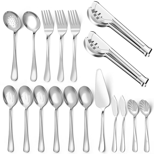Serving Utensils Set for Buffet, 18 Pack Stainless Steel Serveware, Large Spoons, Slotted Spoon, Forks, Tongs, Butter Knife, Shell Spoons, Soup Ladle, Pie Server, for Party Festival Family, Silver