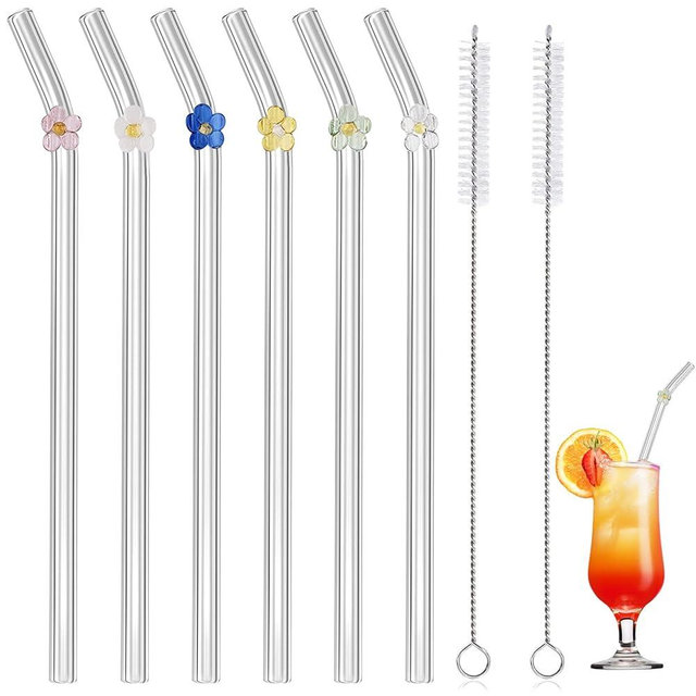 Reusable Glass Straw Shatter Resistant, Clear Glass Straws with Flowers, Cute Glass Straws for Smoothies and Normal Liquid Drinks, 6 Bent Straw with 2 Cleaner Brush