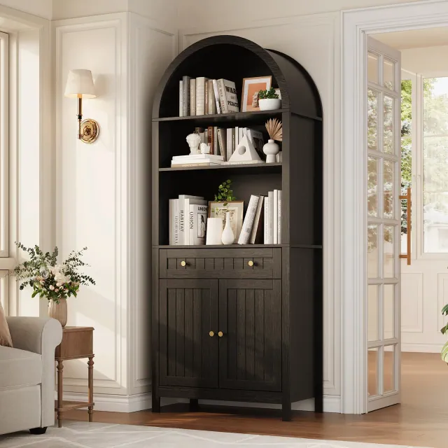 73" Tall Arched Pantry Cabinet with 1 Drawer, 3-Tier Bookshelf, Bookcase, Kitchen Storage Cabinet with Doors and Adjustable Shelves Black