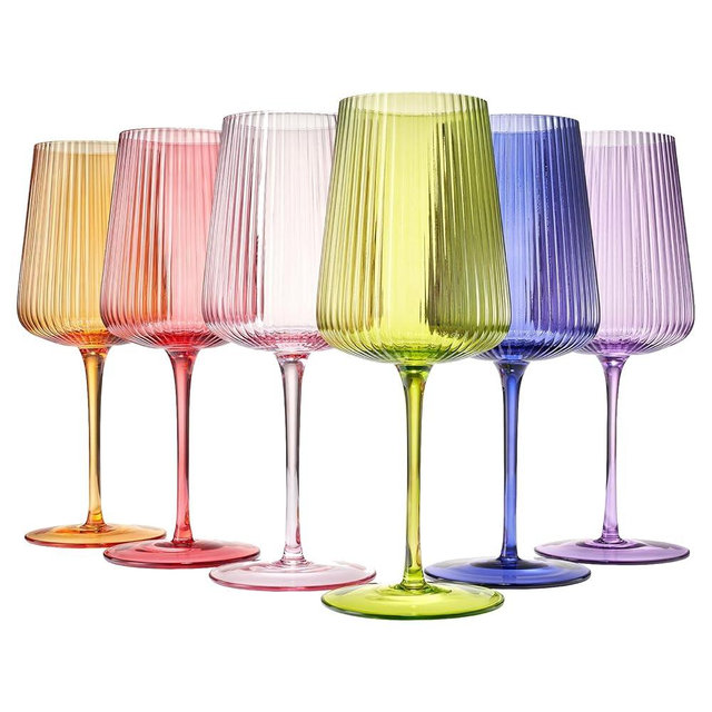 Ribbed Bright Colored Wine Glass Set of 6, Gift For Hosting, Her, Wife, Mom Friend - Large 19 oz Glasses, Unique Italian Style Tall Drinkware - Red & White, Dinner, Color Beautiful Glassware (Summer)