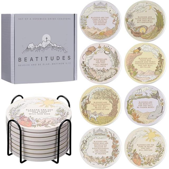 Yiyiring 8 Pcs Christian Ceramic Coaster with Bible Verses, The 'beautitudes' Blessed Ceramic Coasters with Holder Absorbent Drink Coasters Gift Box for Home Table Decoration Christian Gifts, 4 Inches