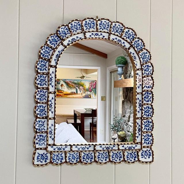 Blue and white painted glass arch mirror, Spanish arch mirror, Peruvian mirror, Mediterranean mirror, decorative mirror