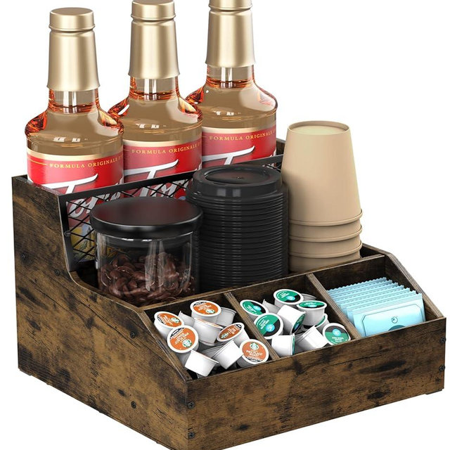 Kssiaz Coffee Station Organizer for Countertop, Wood Coffee Bar Organizer, Tea Condiment Storage for Pods, Syrup, Cups, Stirrer, Tea, Kitche Office Countertop, Brown