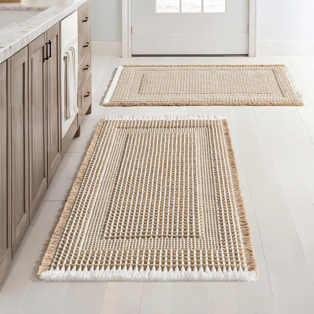 MIULEE Set of 2 Waffle Bathroom Rugs, Boho Bath Rug Super Absorbent, Non Slip Washable Ultra Soft Rubber Backed Shower Bath Mats for Floor, Tub, Shower, Looped Design, Brown & Cream, 18x30 Inch