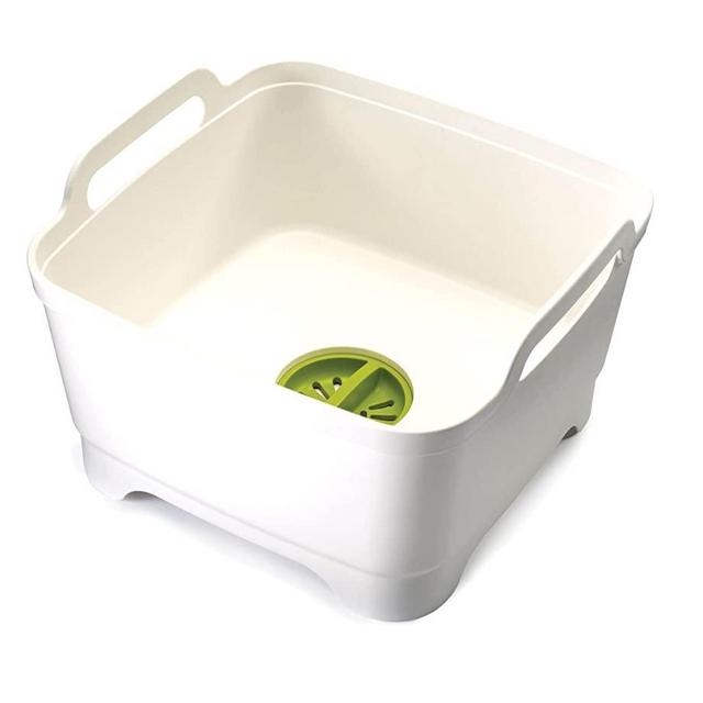 Joseph Joseph 85055 Wash & Drain Wash Basin Dishpan with Draining Plug Carry Handles 12.4-in x 12.2-in x 7.5-in, White