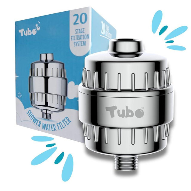 Tubo 20-Stage Shower Filter - Removes up to 99% of Chlorine, Heavy Metals & other Contaminants - Improves Skin and Hair - Tool-free installation - 12,000 Gallon Capacity