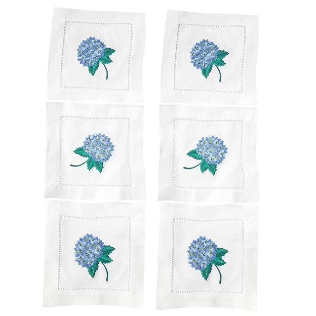 HCRAFT Embroidered White Cocktail Napkins 6"x6" Set of 6 Cloth Napkin Coasters, Hydrangea Embroidered Cocktail Napkins for Christmas Cocktail Napkins Parties, Ladder Hemstitch, Great Present Ideas