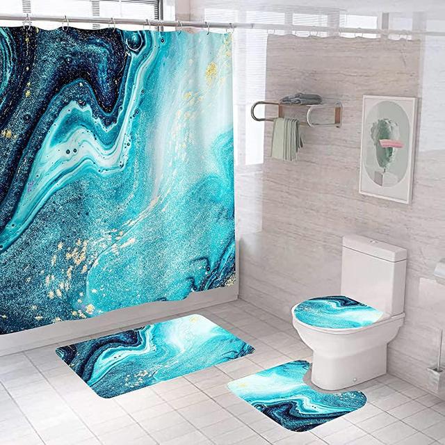 4 Pcs Marble Texture Shower Curtain Set with Non-Slip Rugs, Toilet Lid Cover and Bath Mat Natural Marble Abstract Shower Curtain Bathroom Decor with Hooks-Blue