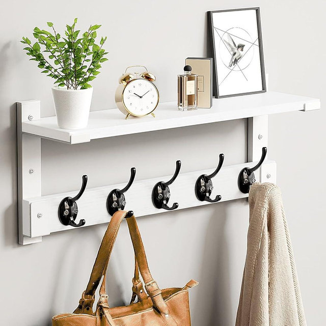 Oraich Wall Hooks with Shelf, Coat Rack Wall Mount, Shelf with Hooks for Coat Backpack Key Clothes Hanger, Wall Floating Shelf Hanging in Entryway, Living Room, Bathroom, Bedroom, Kitchen(White)