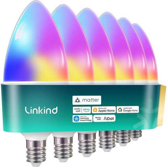 Linkind Matter Smart Bulbs, E12 Led Bulb Works with Alexa/Apple Home/Google Home, 2.4Ghz WiFi RGBTW Smart Light Bulbs, 6 Pack
