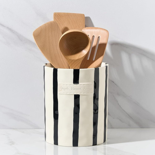 JIEMEI HOME Kitchen Utensil Holder, 7.2" Ceramic Stable Utensil Crock for Countertop, Modern Minimalism Style Cooking Tool Organizer with Cork Mat, Spatula Holder For Kitchen Decor, Black stripes
