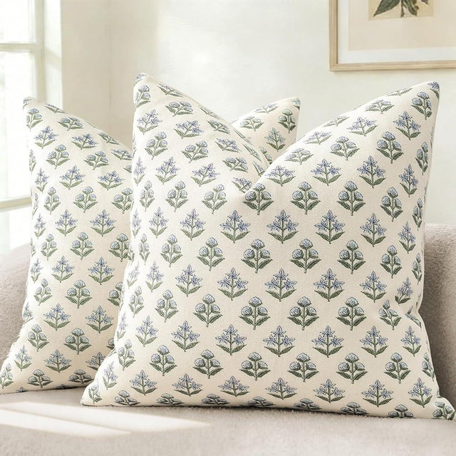 YCOLL Farmhouse Floral Print Throw Pillow Covers 18x18 Set of 2, Rustic Decorative Cushion Covers for Sofa Couch Bed Living Room, Vintage Floral Patterned Cottage Home Decor, Blue Green
