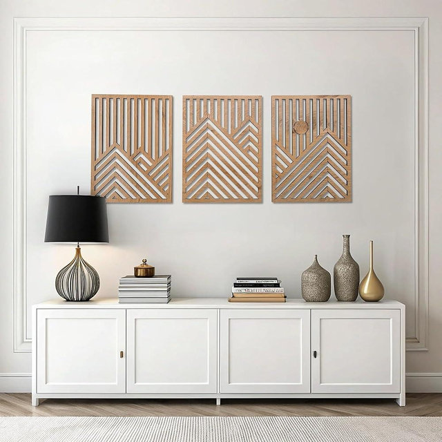 qmmp Modern Wooden Wall Sculptures - Set of 3 - Home Decor Accent - Large Wall Art for Living Room, Bedroom, Office - Easy Installation (Oak, XLarge - Mountain and Sun)