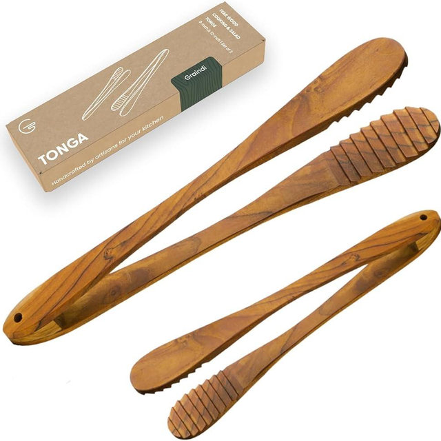 Teak Wood Tongs for Cooking & Salad Serving (9" & 12", Set of 2) | Wooden Tongs for Food, Bacon, BBQ, Charcuterie, Kitchen | Non Stick & Scratch