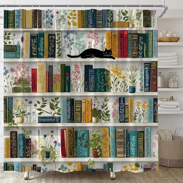 Bookshelf Shower Curtain Library Vintage Flower Potted Plant Green Leaves Black Cat Kitten Educational Bookshelves Floral Bookcase Reading Books Fabric Bathroom Decor Set with Hooks(72"Wx72"L)
