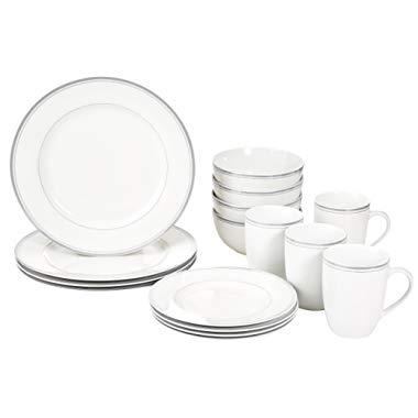 AmazonBasics 16-Piece Cafe Stripe Kitchen Dinnerware Set, Plates, Bowls, Mugs, Service for 4, Grey
