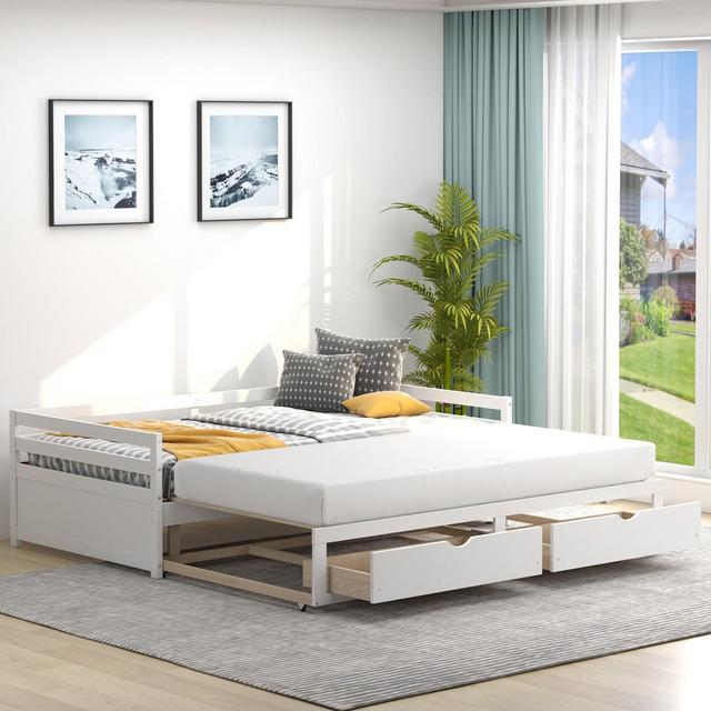 Costway Twin to King Daybed with 2 Drawers Wooden Sofa Bed for Bedroom Living Room White