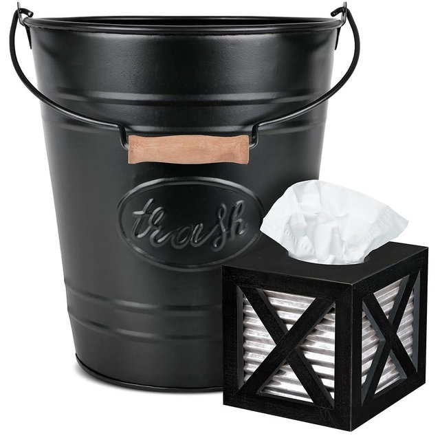Autumn Alley Farmhouse Trash Can & Tissue Box Set – Rustic Black Trash Can with Wooden Handle (2 Gal.) and Barn Door Tissue Box Cover – Decorative Bathroom Accessories for Farmhouse Décor