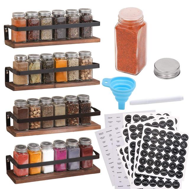 Aozita 4 Pack Spice Rack with Jars, 25 Glass Spice Jars, Hanging Spice Rack for Cabinet, Space Saving Rustic Wood Floating Shelves - Spice Labels Chalk Marker and Silicone Collapsible Funnel Included