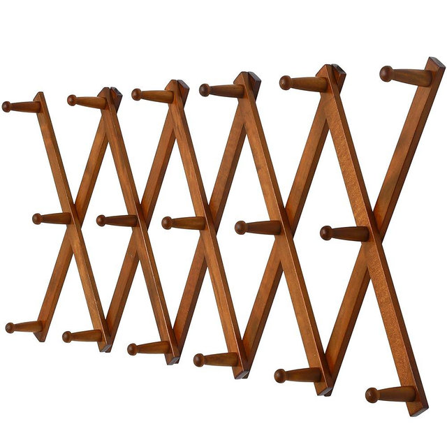 Dseap Accordian Wall Hanger: 16” High Wooden Wall Expandable Coat Rack, Hat Rack Holder, Accordion Hook for Baseball Caps, Coats, Mugs, 17 Peg Hooks, Brown