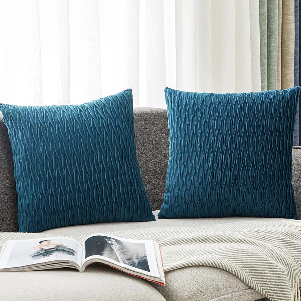 HOLLHOFF 18x18 Dark Teal Blue Throw Pillow Covers Decorative Striped Soft Velvet Throw Pillow Cases